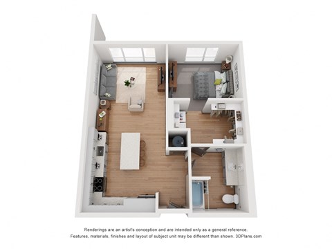 Floor plan for 1 bed, 1 bath, 630 sqft